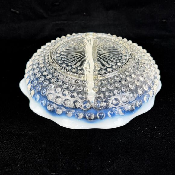 Fenton Hobnail Divided Glass Dish Clear Opalescent Wavy Edge Candy Relish Vtg - Picture 10 of 12